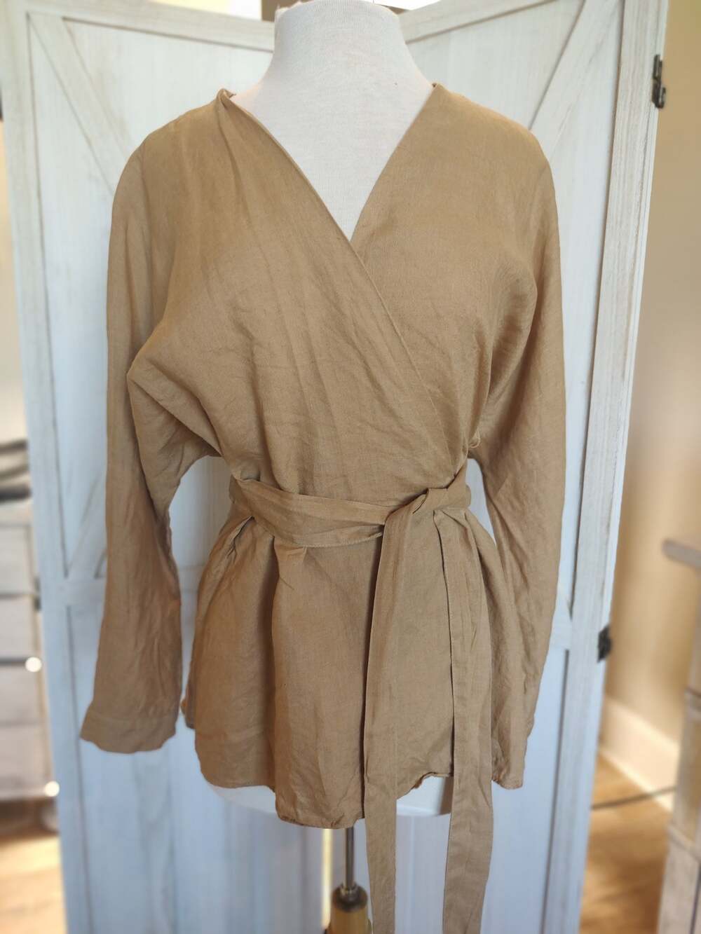 Zara Rustic 100% Linen Belted Wrap Tunic Top in Beige Tan - Sz S #Cottagecore